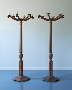 pair of wooden floor lamps with six arms and octagonal bases
