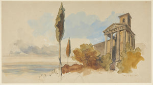 a watercolour painting of rome with a tree and temple