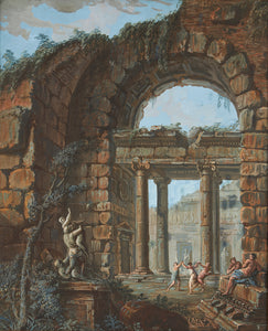 a gouache painting of some figures dancing among classical ruins