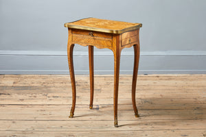 antique wooden side table with floral marquetry on top