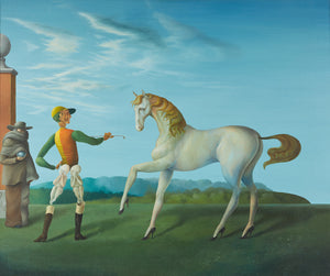 surrealist oil painting of a horse and rider