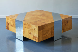 square wood burr coffee table with trapezoid steel inserts