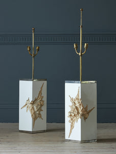table lamps with white rectangular bases and gold enamel detail