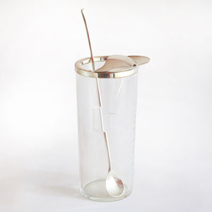 A Glass and Silver Cocktail Mixer and Silver Spoon